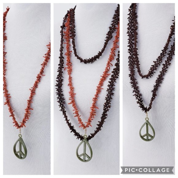 Vintage Necklace Lot Red Branch Coral & Appleseed Necklace, Peace Sign Charm - Picture 8 of 9